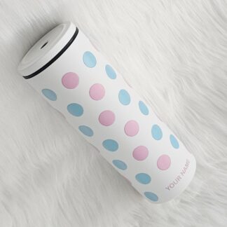 แก้วเก็บความเย็น ลายจุด ใส่ชื่อตัวเอง (English) แก้วสีขาว พาดลายสีฟ้า ชมพู 600 ml.
