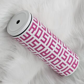 แก้วเก็บความเย็น Monogram ชื่อตัวเอง (English) แก้วสีขาว พาดลายสีชมพูช็อคกิ้งพิ้งค์ 600 ml.