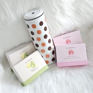 โปรพิเศษ แก้วเก็บความเย็น สีขาว พาดลายจุด สีช็อกชาไทย + Avonize Avocado Oil Plus Garlic Oil 2 + Avonize Asta Plus Vit E 2