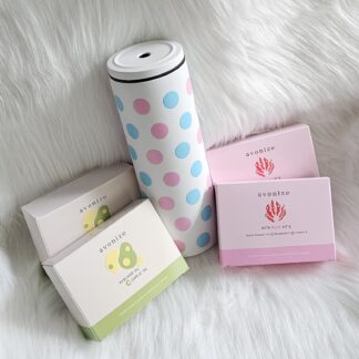 โปรพิเศษ แก้วเก็บความเย็น สีขาว พาดลายจุด สีฟ้า ชมพู + Avonize Avocado Oil Plus Garlic Oil 2 + Avonize Asta Plus Vit E 2