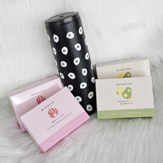 โปรพิเศษ แก้วเก็บความเย็น สีดำ ลาย ค สีขาว + Avonize Avocado Oil Plus Garlic Oil 2 + Avonize Asta Plus Vit E 2