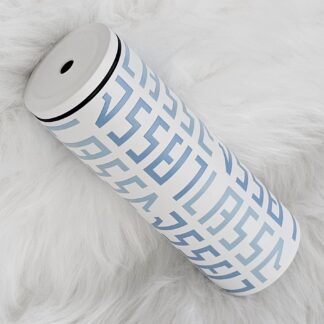 แก้วเก็บความเย็น สีขาว Monogram ชื่อตัวเอง (ไทยเหลี่ยม) พาดลายสีฟ้าทูโทน