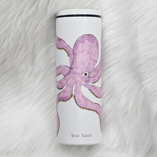 แก้วเก็บความเย็น สีขาว(ใส่ชื่อได้) งานศิลปะ ลายปลาหมึกยักษ์สีชมพู by Rosie Janya